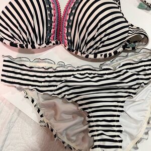 Victoria's Secret Black and White Striped Ruffle Bikini Set with Pink Accent